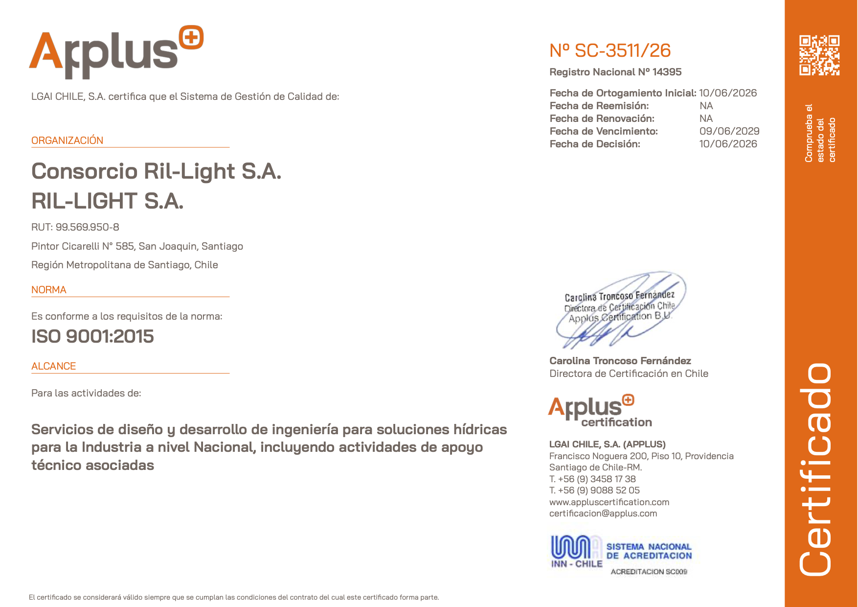 Certificado ISO 9001:2015 — Consorcio RIL-Light S.A. — Applus, N° SC-3511/26